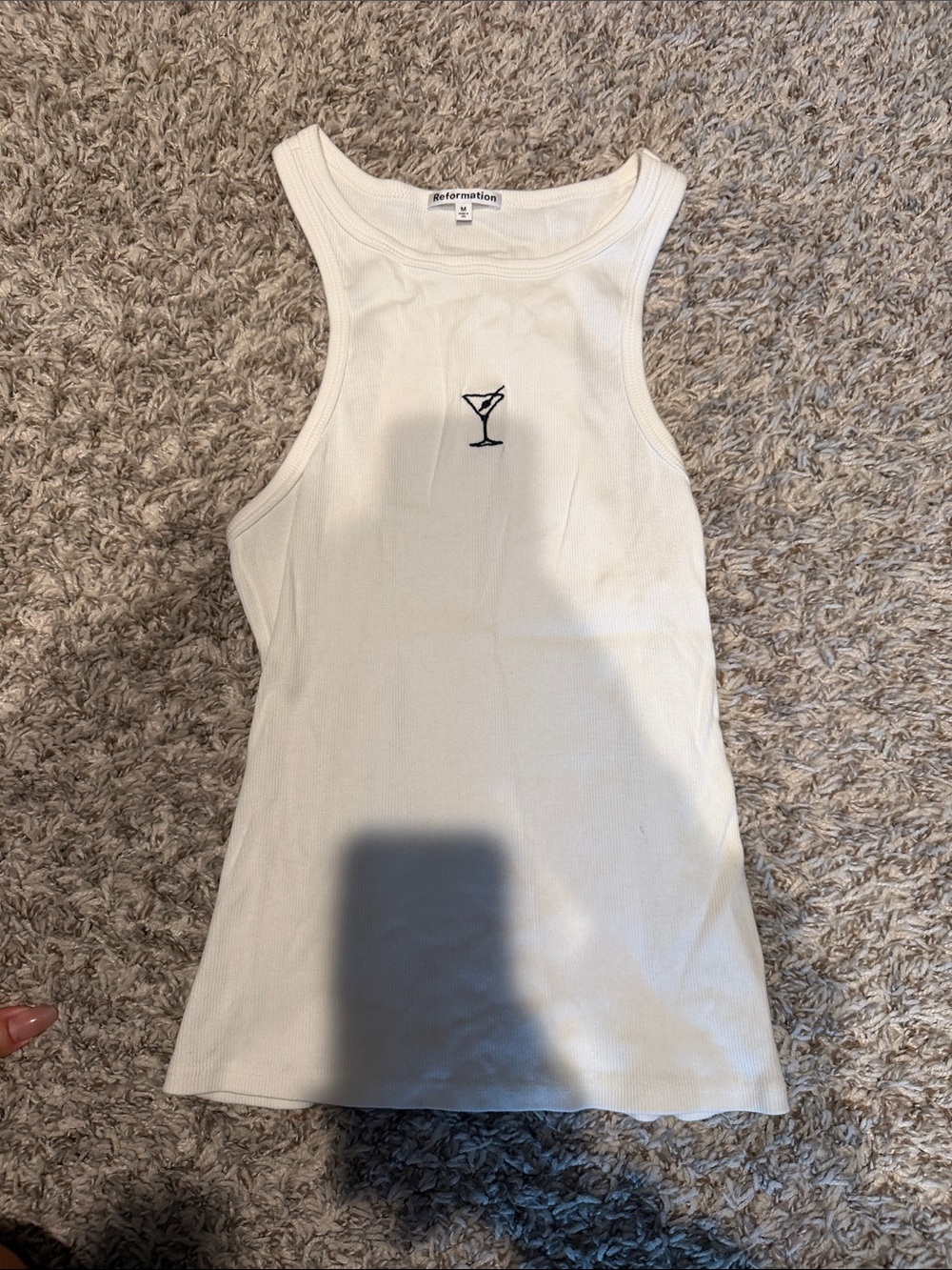 Reformation Cream Ribbed Racerback Tank with Martini Embroidery